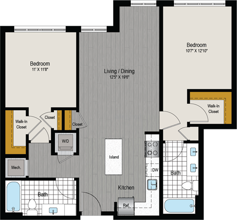 Floor plan for 2 beds, 2 baths, 985 sqft
